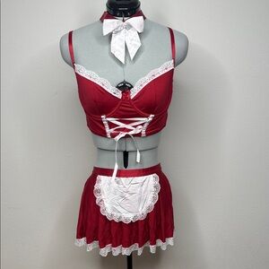 French Maid Costume 4Pc Lingerie Set Red White Corset Apron Thong Choker NWT - M